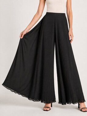Samuel Dong Pleated Wide Leg Palazzo Pants Black Sheer Lined Evening Fun Size S